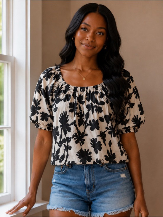 Nicole Miller Tops - Atelier Nicole Miller Boho Floral Off-Shoulder Peasant Top - Black on Cream
